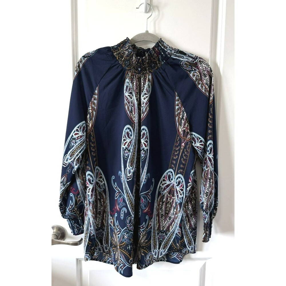 Chicos Navy Paisley Smocked Neck Blouse 1 Medium Boho Peasant Top NWOT